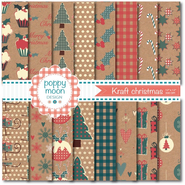 kraft christmas,  printable digital paper pack