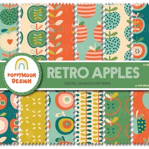 May include: A collection of digital seamless patterns featuring retro apple designs in various colors. The patterns include apples with heart, dot, and stripe details, along with leaf and stem elements. The text "RETRO APPLES" and "DIGITAL SEAMLESS PATTERNS" are displayed.