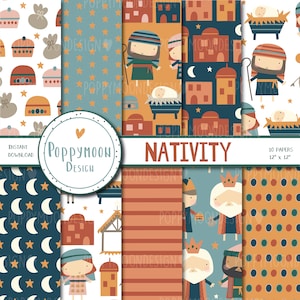 May include: A set of 10 digital papers featuring a nativity theme. The papers include patterns of stars, moons, stripes, polka dots, and illustrations of the nativity scene, including the three wise men, Mary, Joseph, and baby Jesus.