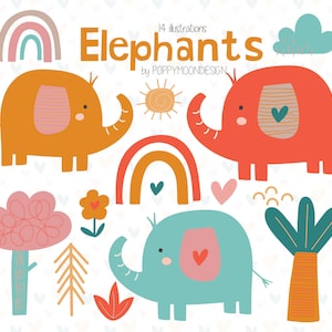 Elefantes, animais coloridos, conjunto de clipart digital para impressão