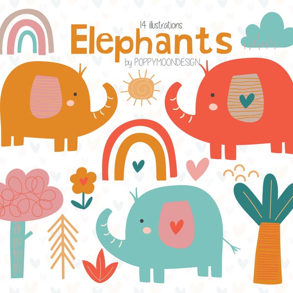 Elephants, colourful animals , printable digital clipart set