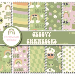 May include: Ten digital paper designs featuring a groovy shamrock theme. The papers feature various patterns including shamrocks, rainbows, and lucky charms in shades of green, pink, and yellow.