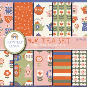 May include: A set of 10 digital seamless patterns featuring a retro style tea party theme. The patterns include teapots, cups, flowers, and polka dots in a variety of colors, including pink, green, orange, blue, and white.