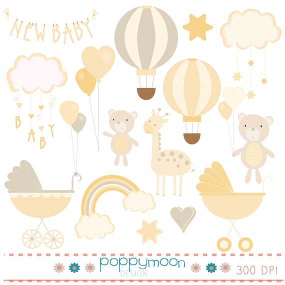 New baby, balloons, bears, giraffe in yellows and beige, digital clip art set