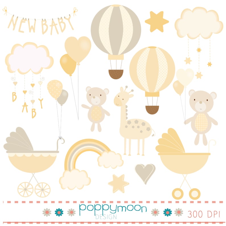Może przedstawiać: Zestaw grafik do baby shower z tęczą, chmurami, gwiazdami, sercami, balonami, balonami na gorące powietrze, w&oacute;zkami, żyrafą i dwoma pluszowymi misiami. Kolory to ż&oacute;łty, beżowy i szary.