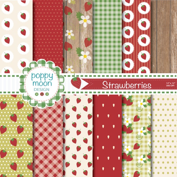 strawberry digital paper pack,strawberries,gingham,stripe and polka dots,wood ,cream , green and red backgrounds.