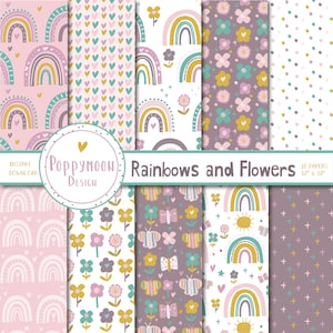 Arco-íris e flores, pacote de papel digital, papel para scrapbook