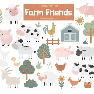 May include: A set of 30 farm animal illustrations, including a cow, pig, sheep, donkey, rooster, goat, and chicken. The illustrations are in a cartoon style and feature bright colors. The set also includes a barn, a fence, a tree, and a sun.