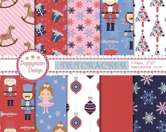 Nutcracker, ballerina and toy soldiers,  printable digital paper pack, commercial and personal use.