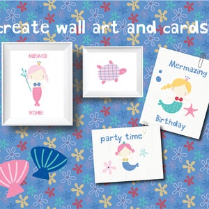 May include: A set of printable wall art and cards featuring cute mermaid illustrations. The designs include a mermaid with a crown and trident, a mermaid with a starfish, and a turtle. The text on the cards reads "Mermaid Wishes", "Party Time", and "Mermazing Birthday".