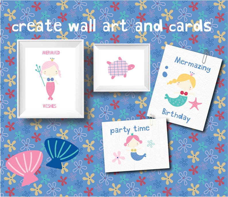 May include: A set of printable wall art and cards featuring cute mermaid illustrations. The designs include a mermaid with a crown and trident, a mermaid with a starfish, and a turtle. The text on the cards reads "Mermaid Wishes", "Party Time", and "Mermazing Birthday".
