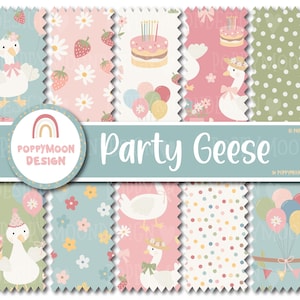 May include: A collection of ten digital papers with a party theme. The designs feature geese, cakes, balloons, strawberries, and floral patterns in pastel colors. The text "Party Geese" is displayed on a teal banner, with the PoppyMoon Design logo.