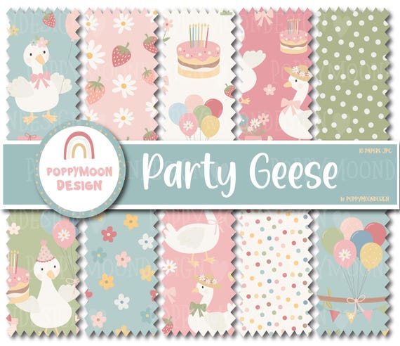 Adorable Birthday Geese Digital Pattern Set with Cakes and Flowers