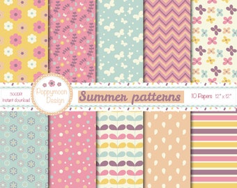 May include: A set of 10 digital paper patterns featuring summer-themed designs. The patterns include floral, polka dot, butterfly, chevron, leaf, and stripe designs in pastel colors like pink, yellow, blue, and green. The papers are 12 inches by 12 inches and are perfect for scrapbooking, card making, and other crafting projects.
