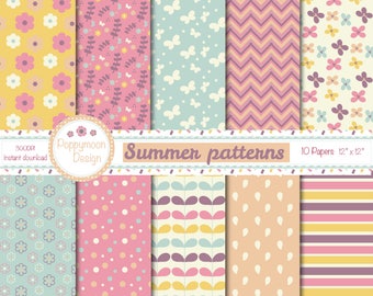 Summer patterns, pink, yellow, peach and blue, digital paper pack