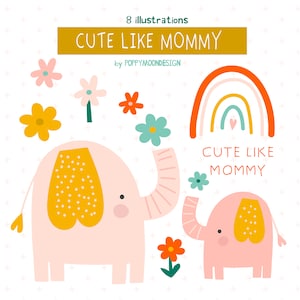 Fofo como a mamãe, elefantes, conjunto de clipart digital para impressão