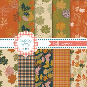 Fall leaves orange yellow green and blue pattern printable digital paper pack