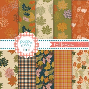 May include: A set of 8 digital paper patterns featuring fall leaves in various colors and designs. The patterns include plaid, solid colors, and leaf patterns. The papers are 12 inches by 12 inches and 300 DPI.