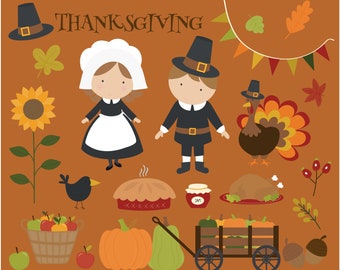 May include: Thanksgiving-themed illustration with cartoon pilgrims, a turkey, pie, pumpkins, and a wagon filled with gourds. The word "Thanksgiving" is written across the top. The background is a warm, orange-brown color.