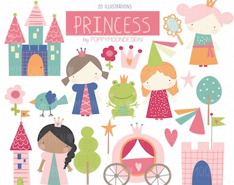 Princess, fairytale illustrations, digital printable clipart