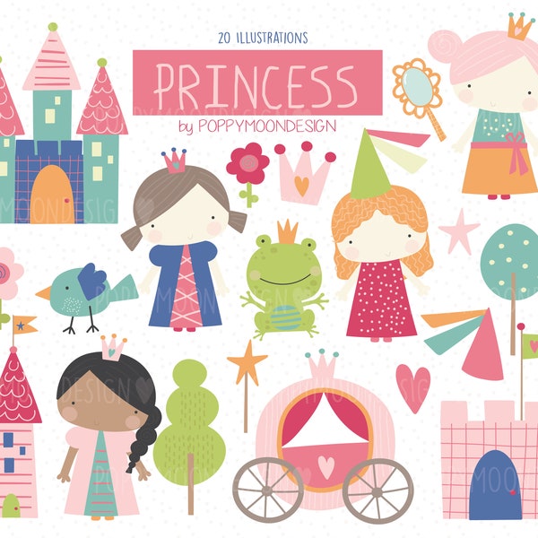Prinses, sprookjesachtige illustraties, digitale afdrukbare clipart