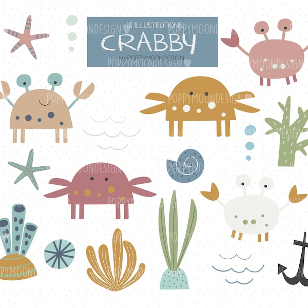 Crabby, cute crabs, under the sea , printable digital clipart set