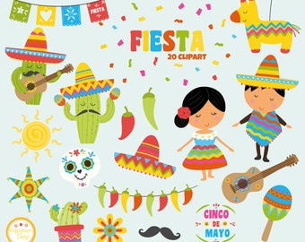Può includere: Una collezione di elementi di clipart colorati a tema Fiesta. Include cactus con sombrero, una pignatta, un teschio, una ragazza con un vestito, un ragazzo con un poncho, chitarre, maracas, peperoncini e il testo "FIESTA 20 CLIPART" e "CINCO DE MAYO".