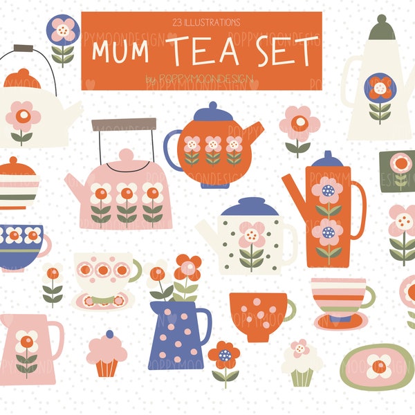 Mum Tea set, tea pots, cups and flowers, vintage, digital printable clipart