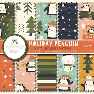 May include: A set of 10 digital seamless patterns featuring cute penguins in various holiday scenes. The patterns include penguins wearing hats, riding trains, and holding gifts. The patterns are perfect for creating festive crafts, wrapping paper, and other holiday projects.
