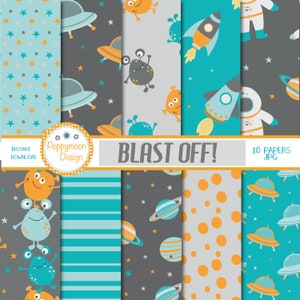 BLAST OFF!, razzi, astronauti, pianeti, spazio, pacchetto di carta digitale stampabile.