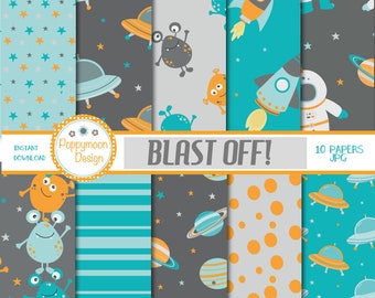 BLAST OFF!,space,rockets, astronauts, planets , printable digital paper pack.