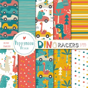 Dino Racers, dinosaurs, printable digital paper pack