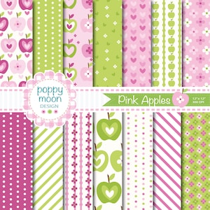 Apple digital paper pack,apples,gingham,stripe and polka dots ,pink and green backgrounds.