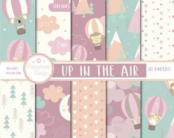 Up in the air , girls air balloons,  printable digital paper pack, commercial and personal use.