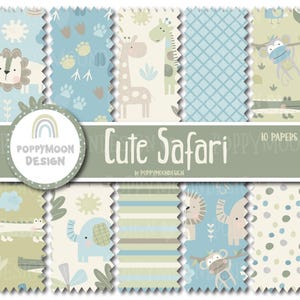 Op de afbeelding: Een verzameling van tien digitale papieren met een schattig safarithema. Elk papier heeft een uniek patroon, waaronder leeuwen, giraffen, olifanten, apen en pootafdrukken, in zachte pastelkleuren. Het ontwerp bevat de tekst "Cute Safari" en "10 Papers JPG".