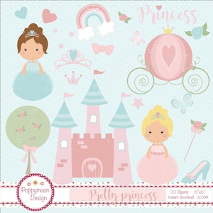 Pretty princess, carriage and castle, pastel colours, printable digital clipart set
