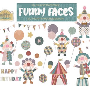 Paquete de imágenes prediseñadas de payasos de circo y decoración de cumpleaños con caras divertidas: descarga digital instantánea