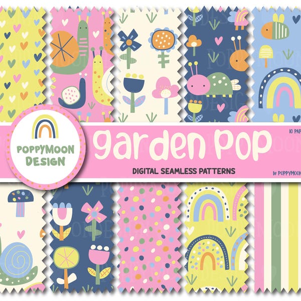 Seamless Floral Digital Paper Pack, 12x12 Matching Garden Patterns, Modern Whimsical Flowers JPG Backgrounds, Commercial Use