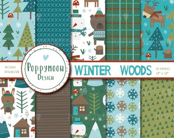 Winter Woods, winter patterns, printable digital paper pack