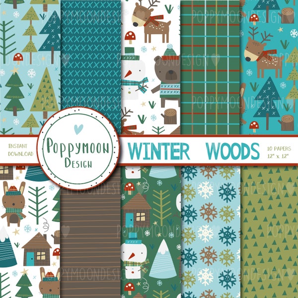 Winter Woods, winter patterns, printable digital paper pack