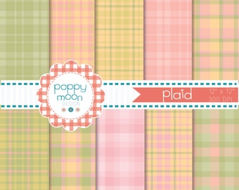 Plaid pattern pink green and yellow printable digital paper pack