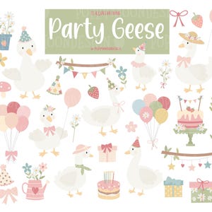 Entzückende Geburtstags-Gänse Clipart mit Kuchen und Blumen - Digital-Grafik-Set