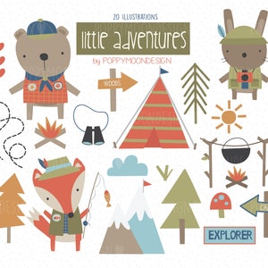Pequeñas aventuras, bosques, camping, clipart digital imprimible