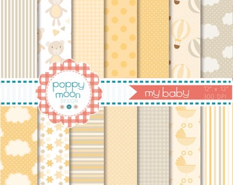 New baby, beige and yellows,printable digital paper pack