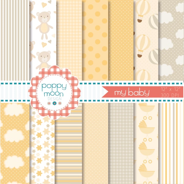 New baby, beige and yellows,printable digital paper pack