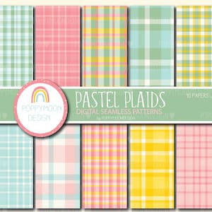 Puede incluir: Diez diseños de papel digital con patrones de cuadros pastel en rosa, amarillo, verde y azul. Los papeles son sin costuras y se pueden usar para scrapbooking, creación de tarjetas y otros proyectos de manualidades.