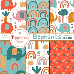 Elephants, colourful animals, printable digital paper pack