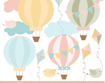 Hot air balloon and kite pastel pink yellow, blue and green clipart