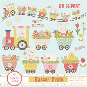 May include: A set of 30 Easter train themed clipart images. The clipart features bunnies, chicks, eggs, flowers, and a train with a bunny conductor. The images are perfect for creating Easter crafts, cards, and invitations.