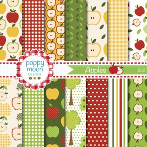 Apple digital paper pack,apples,gingham,stripe and polka dots ,yellow , green and red backgrounds.